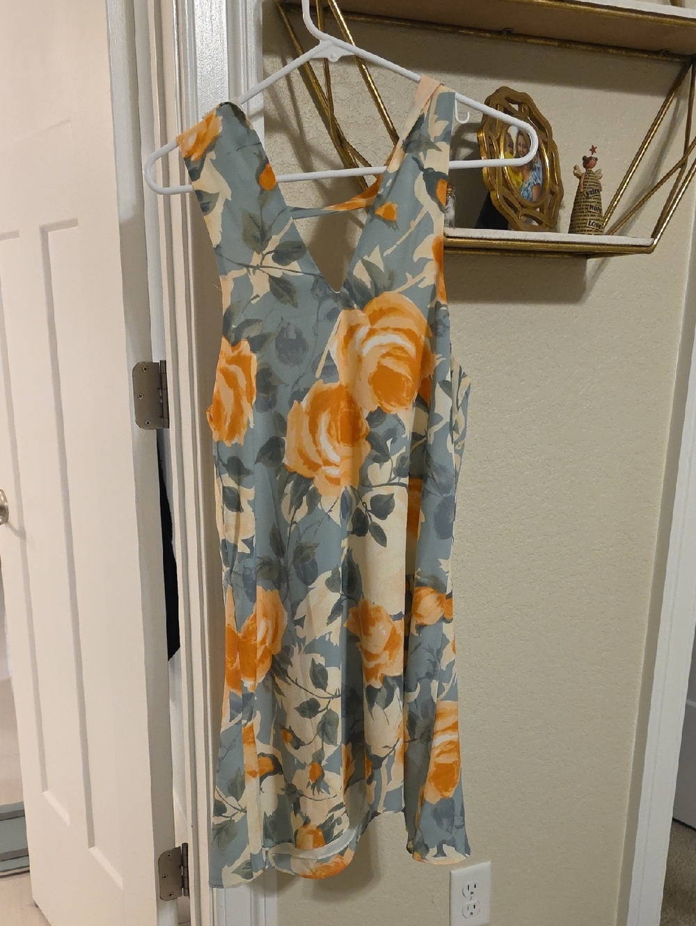 Lulu's Blue Floral Midi Dress with Orange Roses